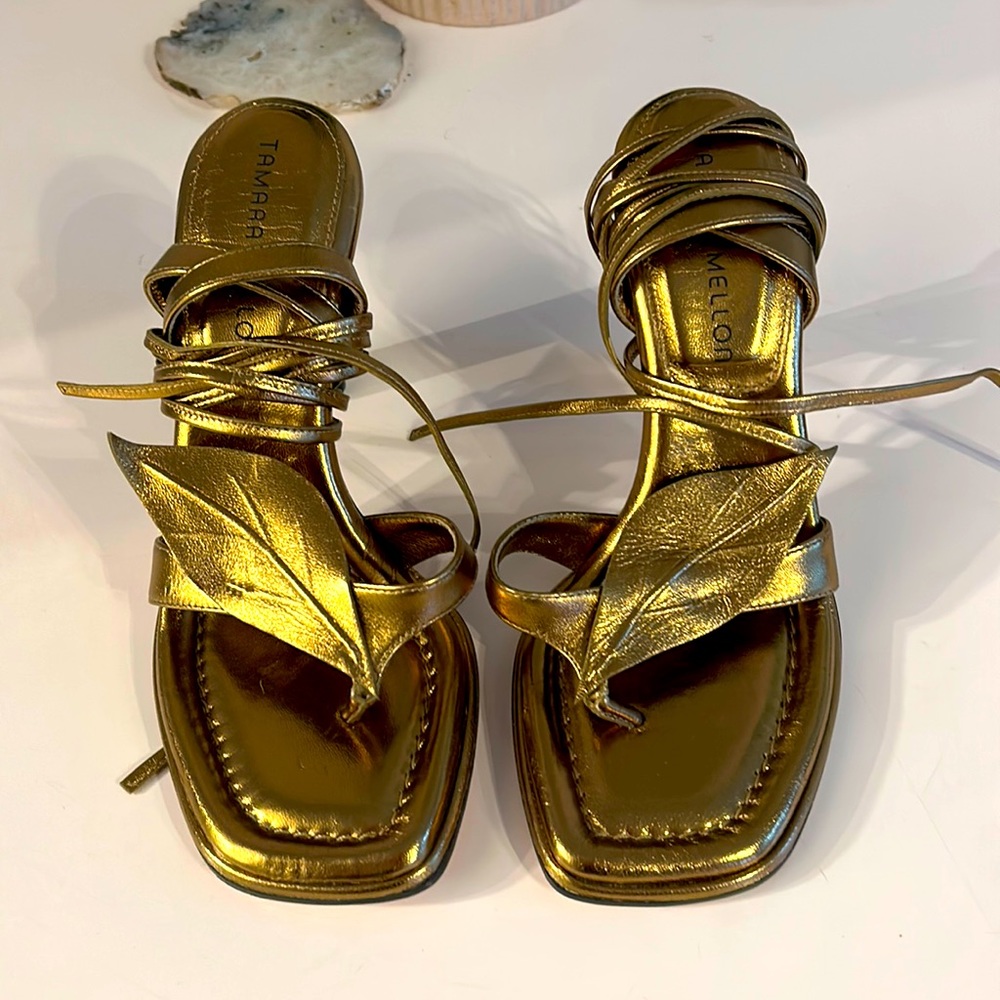 Tamara Mellon gold 100mm wrap sandals size 37.5